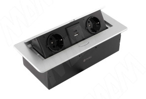 Выдвижной блок розеток, 265*118 мм, 2 розетки, 1 USB, 1 USB Type-C, быстрая зарядка, серебро PU-S-2S1A1C-F-AL